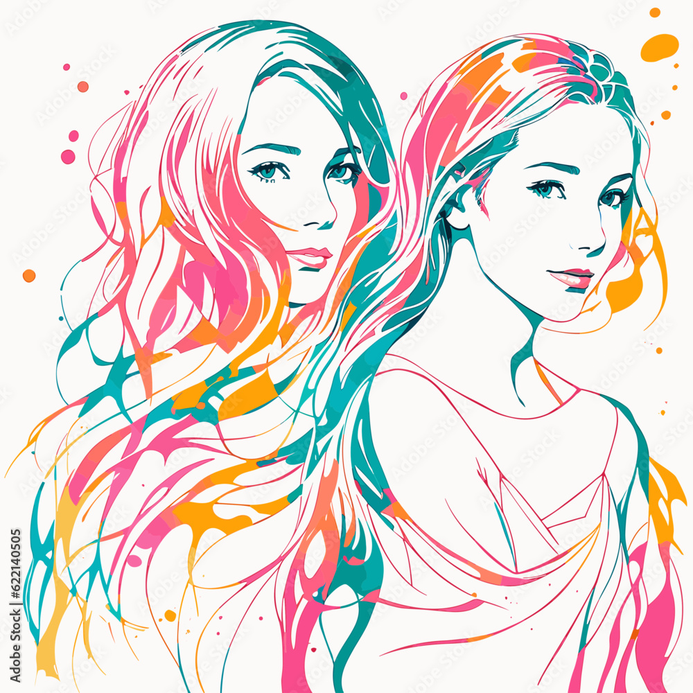 Mother and daughter. Portrait of two women. Vector illustration isolated on white background. Watercolor style. Mother and daughter. Portrait of two women. Vector illustration isolated on white background. Watercolor style.