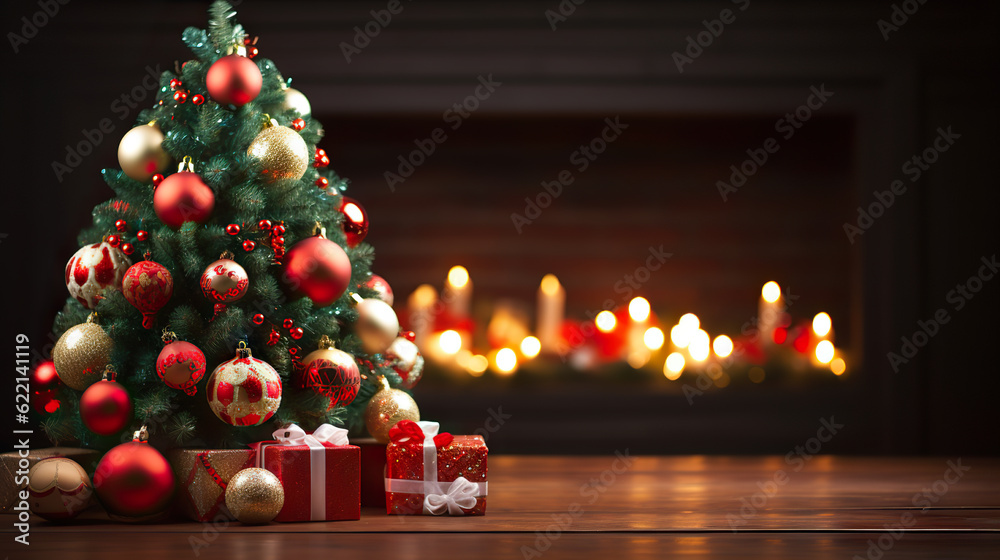 Festive Hearth Christmas Tree with Decorations Background in a Cozy Living Room with Fireplace. created with Generative AI Festive Hearth Christmas Tree with Decorations Background in a Cozy Living Room with Fireplace. created with Generative AI