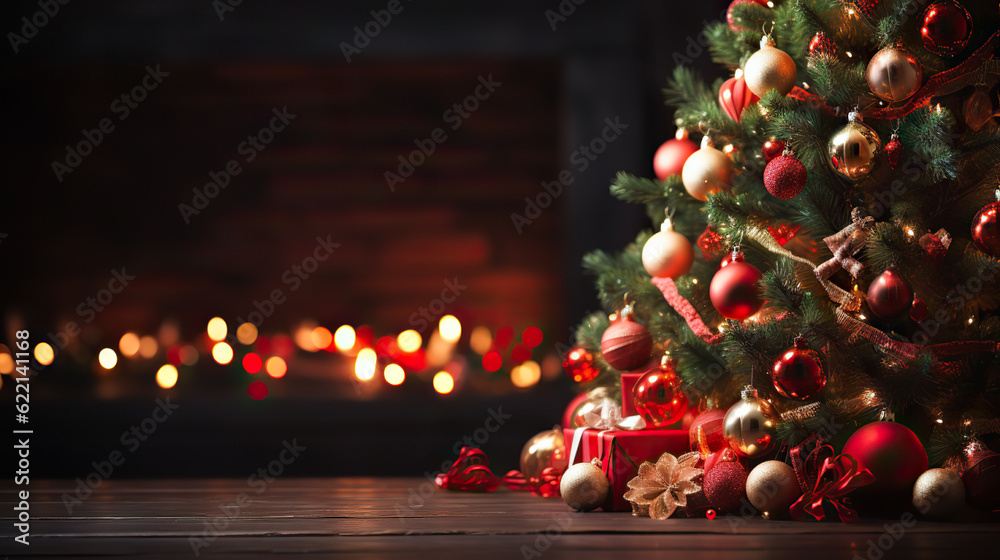 Festive Hearth Christmas Tree with Decorations Background in a Cozy Living Room with Fireplace. created with Generative AI