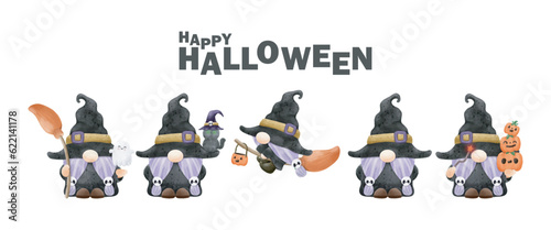 Set of collection Watercolor cute gnomes happy Halloween party group gnomes vector illustration on white background 