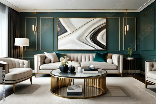 Metal, round coffee table and beige sofa in a luxurious green living room interior with marble shelves and gold decoration © Nyetock