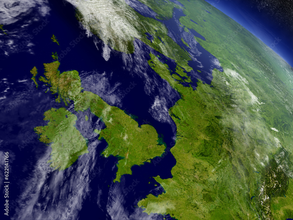 United Kingdom with surrounding region as seen from Earth's orbit in space. 3D illustration with highly detailed planet surface and clouds in the atmosphere. Elements of this image furnished by NASA.