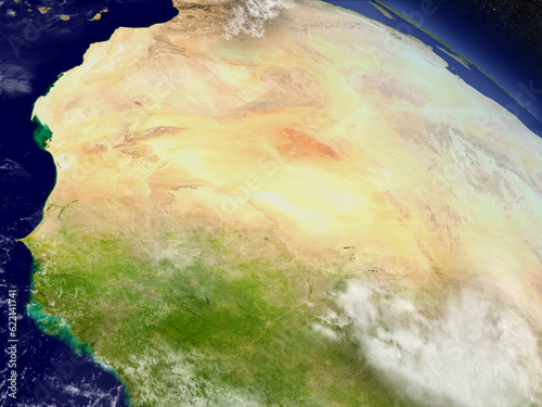 Mali and Senegal with surrounding region as seen from Earth's orbit in space. 3D illustration with detailed planet surface and clouds in the atmosphere. Elements of this image furnished by NASA.