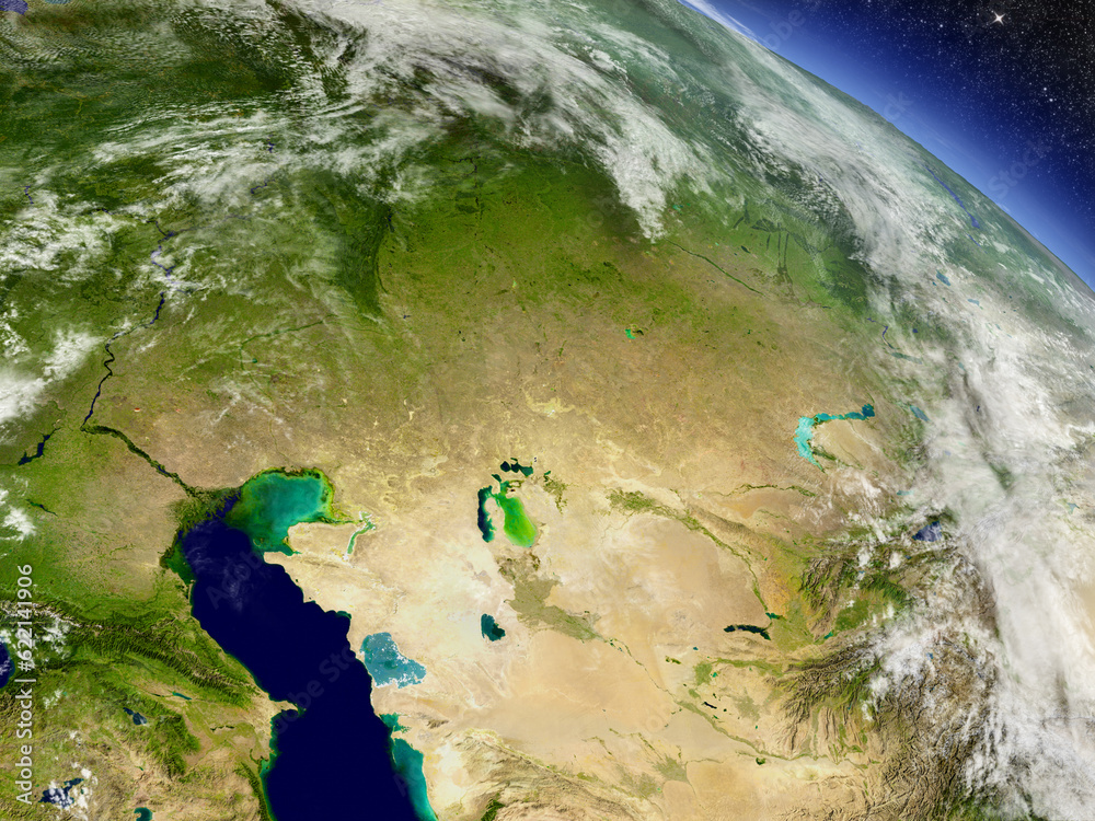 Kazakhstan with surrounding region as seen from Earth's orbit in space. 3D illustration with highly detailed planet surface and clouds in the atmosphere. Elements of this image furnished by NASA.