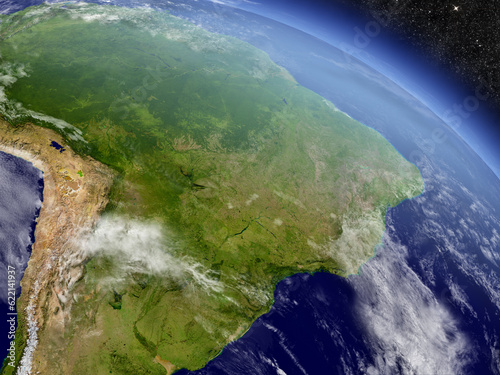Fototapeta Naklejka Na Ścianę i Meble -  Brazil with surrounding region as seen from Earth's orbit in space. 3D illustration with highly detailed planet surface and clouds in the atmosphere. Elements of this image furnished by NASA.
