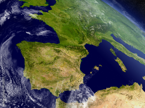 Fototapeta Naklejka Na Ścianę i Meble -  Spain and Portugal with surrounding region as seen from Earth's orbit in space. 3D illustration with detailed planet surface and clouds in the atmosphere. Elements of this image furnished by NASA.