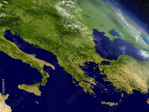 Fototapeta Naklejka Na Ścianę i Meble -  Greece with surrounding region as seen from Earth's orbit in space. 3D illustration with highly detailed planet surface and clouds in the atmosphere. Elements of this image furnished by NASA.