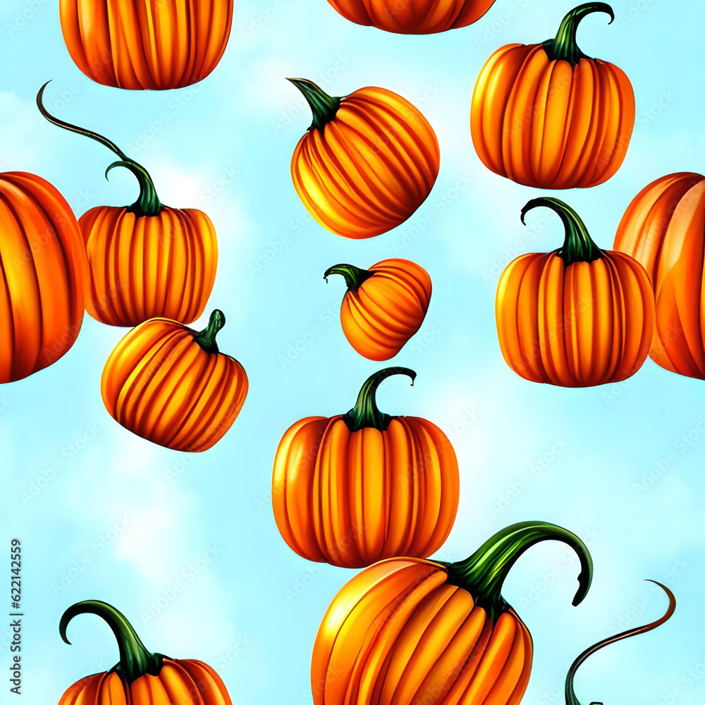 Assortment of Orange Pumpkins Falling on a Blue Sky Background 