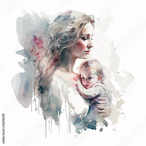 Mother with a child. Watercolor painting. Loving mother hold in arms embrace little baby girl child enjoy tender family moment at home, caring young biracial mom hug cuddle cute toddler infant