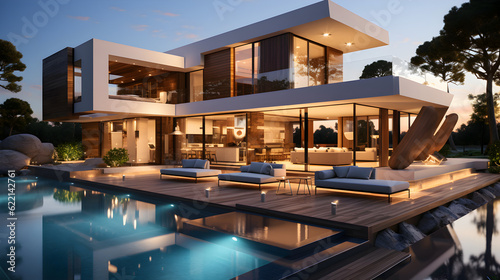 villa house with swimming pool, modern and futuristic style Generative AI © kitti