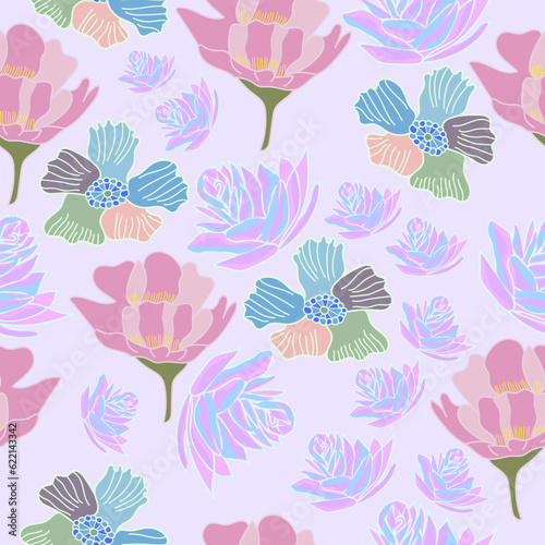 multicolor fairy garden flowers seamless vector pattern. Rainbow color flowers pastel seamless pattern.