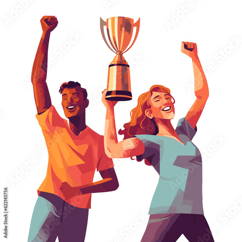 Fans young man and woman holding trophy illustration