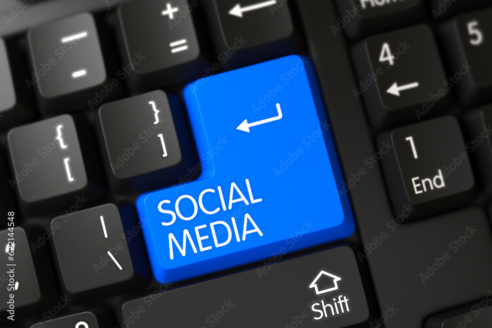 Concepts of Social Media on Blue Enter Key on Computer Keyboard. 3D Render. Concepts of Social Media on Blue Enter Key on Computer Keyboard. 3D Render.