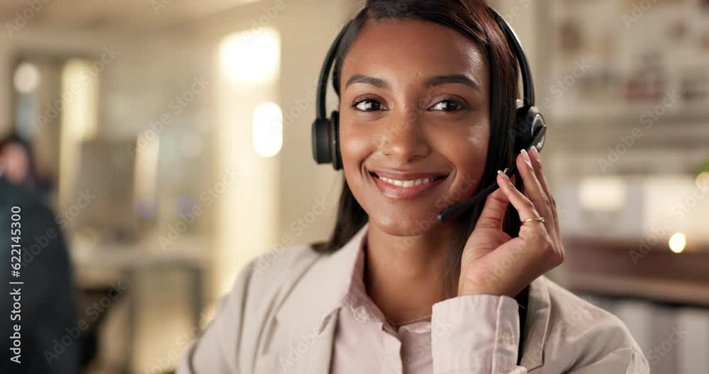 Call center, indian woman and face of consultant at computer for customer service, contact us and working late. Portrait, happy female telemarketing agent or consulting at help desk for CRM questions