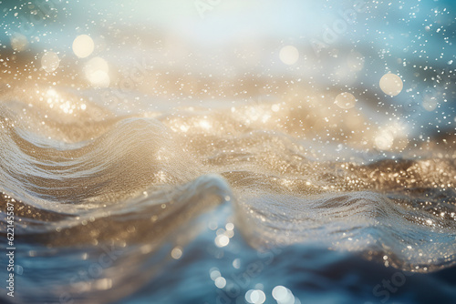 Generative AI, Mermaidcore aesthetics , underwater fairytale concept. Abstract background, blue and gold waves with bokeh. selective focus