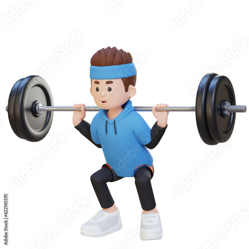 3D Sportsman Character Building Lower Body Strength with Barbell Squat Workout