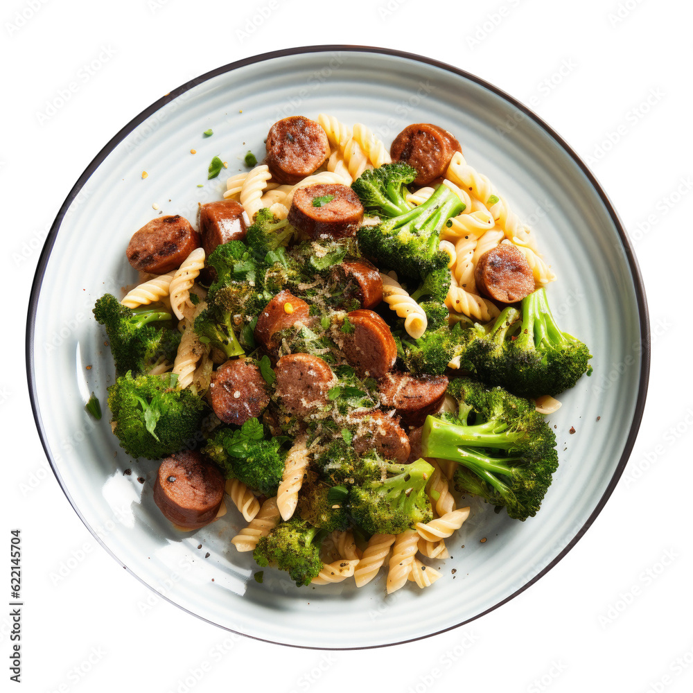 Delicious Plate of Pasta with Broccoli and Sausage isolated on a Transparent Background Delicious Plate of Pasta with Broccoli and Sausage isolated on a Transparent Background