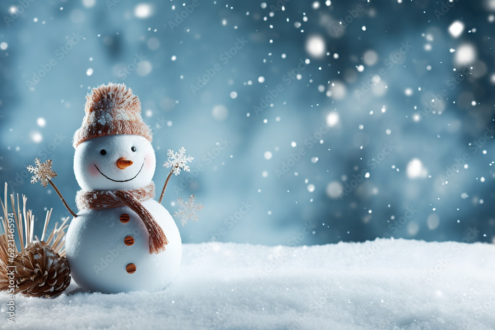 Snowy Delights Christmas Winter Background with Snowman and Blurred Bokeh - Merry Christmas and Happy New Year Greeting Card with Copy Space, created with Generative AI