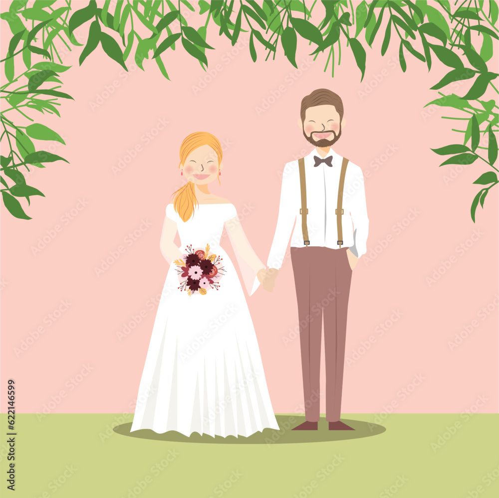 Cute Couple Portrait Illustration in retro and rustic theme under foliage
