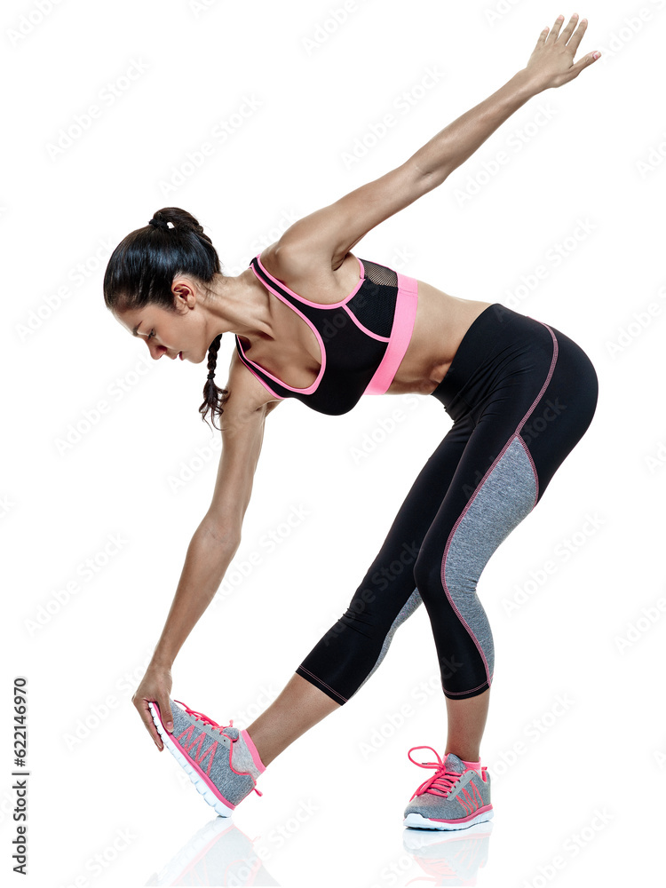 one mixed raced woman exercising fitness exercises isolated on white background one mixed raced woman exercising fitness exercises isolated on white background