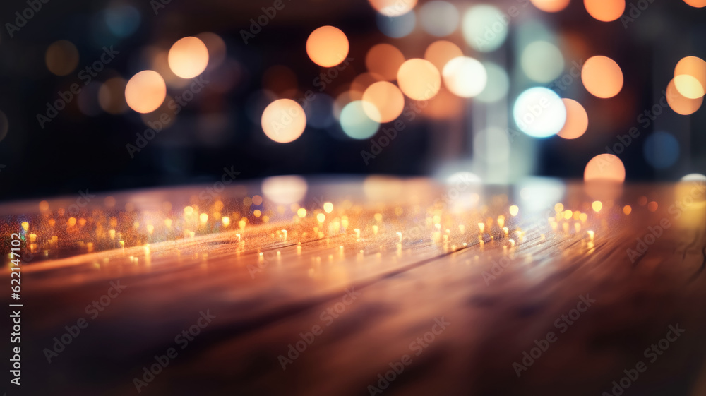 Empty wooden table top in front of abstract blurred background with garlands of lights, for product display in cafe