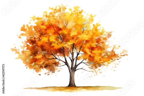 Watercolor illustration of an autumn tree with yellow foliage isolated on transparent background  Generative AI