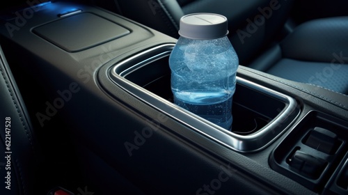 Cold water bottle in the car's cup holder.