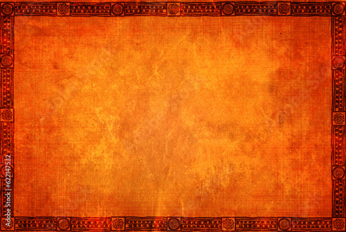 Background with grunge paper texture of orange color and American Indian traditional patterns