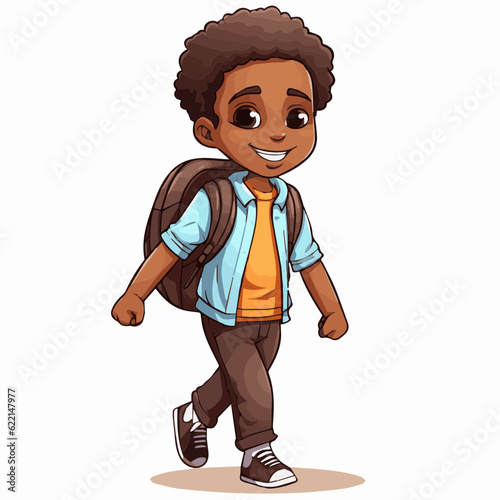 simple cartoon clipart black african american boy student child going to school white background