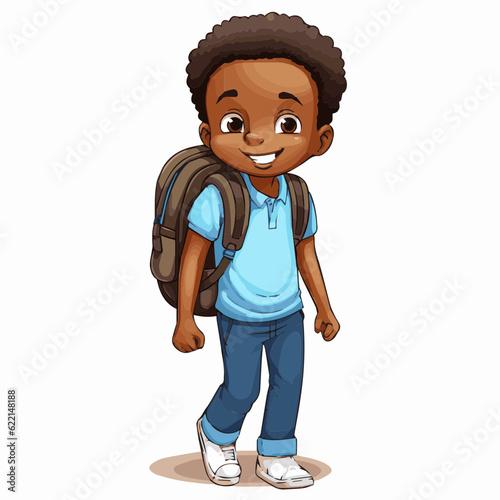 simple cartoon clipart black african american boy student child going to school white background