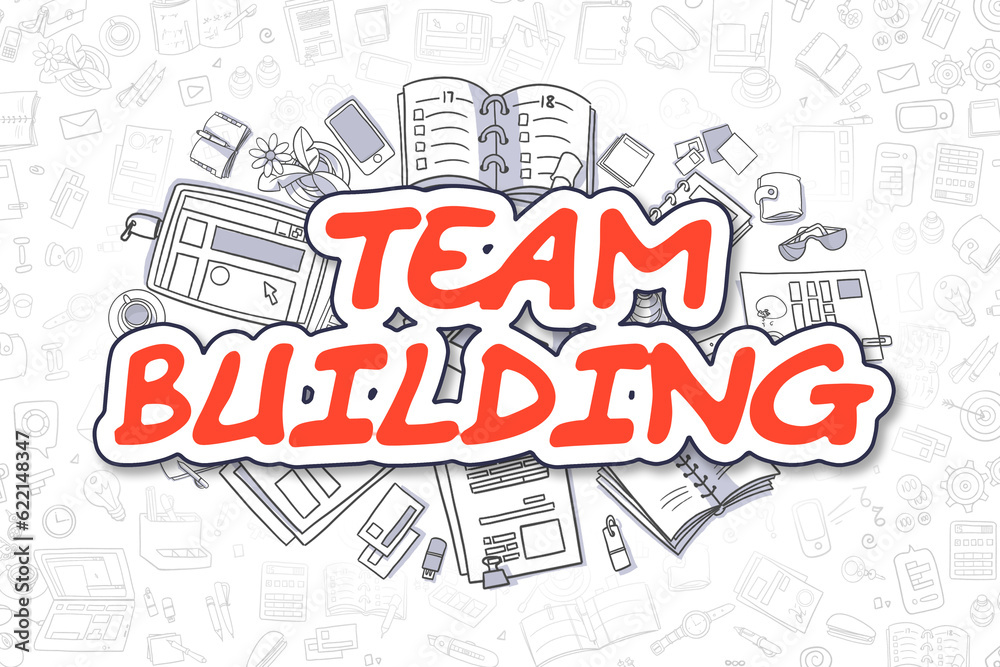 Team Building - Sketch Business Illustration. Red Hand Drawn Word Team Building Surrounded by Stationery. Doodle Design Elements.