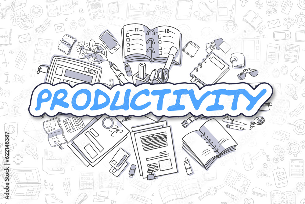 Fototapeta premium Productivity - Hand Drawn Business Illustration with Business Doodles. Blue Word - Productivity - Cartoon Business Concept.