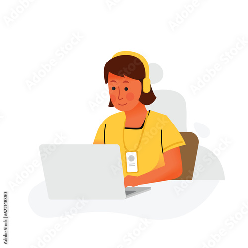 Woman in shirts working with focus in front of laptop while listening to music using headphones