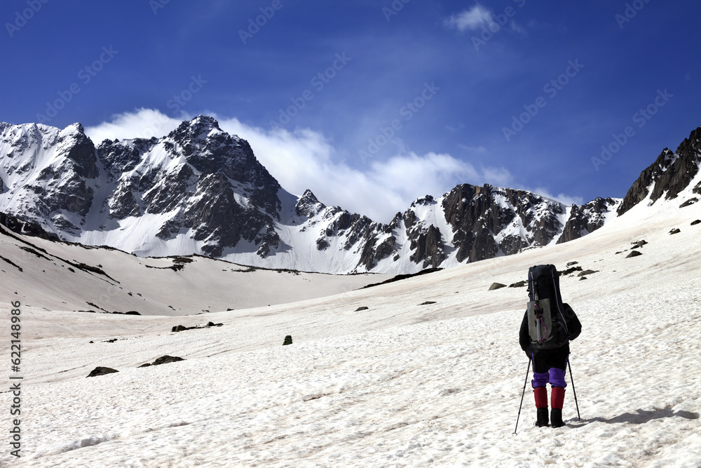 Hiker on snow plateau at spring mountain. Turkey, Kachkar (highest part of Pontic Mountains).