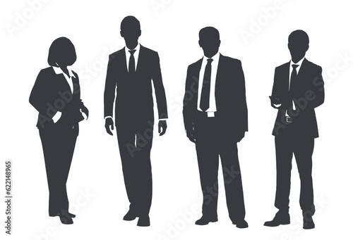 Business people group gray silhouettes pose on white background, flat line vector and illustration.