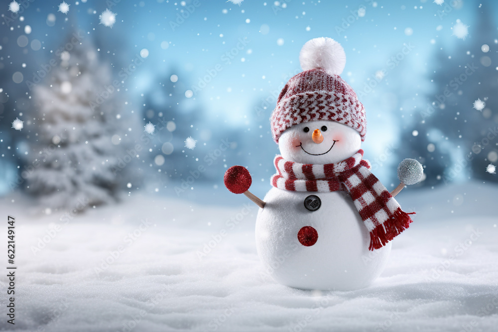 Winter Wishes Merry Christmas and Happy New Year Greeting Card with Copy Space - Happy Snowman Standing in Christmas Landscape, Embracing the Winter Fairytale, created with Generative AI