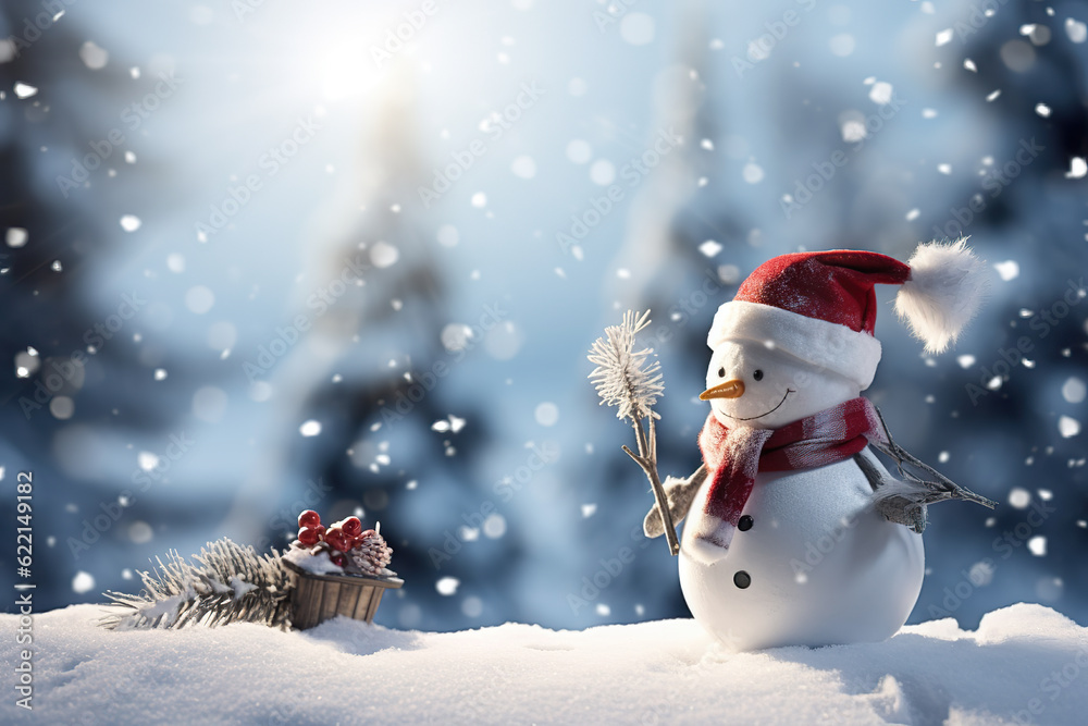 Winter Wishes Merry Christmas and Happy New Year Greeting Card with Copy Space - Happy Snowman Standing in Christmas Landscape, Embracing the Winter Fairytale, created with Generative AI