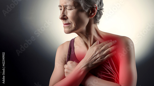 Senior woman having heart attack. Post processed AI generated image