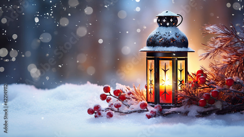Winter Glow Christmas Lantern on Snow with Fir Branch in the Sunlight - Captivating Winter Decoration Background, created with Generative AI © photobuay