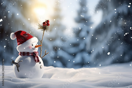 Winter Wishes Merry Christmas and Happy New Year Greeting Card with Copy Space - Happy Snowman Standing in Christmas Landscape, Embracing the Winter Fairytale, created with Generative AI
