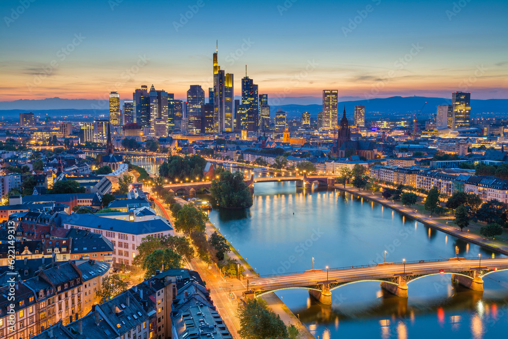 Fototapeta premium Image of Frankfurt am Main skyline during twilight blue hour.
