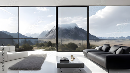 モダンなリビングルーム、壮大な景色｜Modern living room, magnificent view, Generative AI 