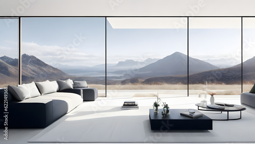 モダンなリビングルーム、壮大な景色｜Modern living room, magnificent view, Generative AI 