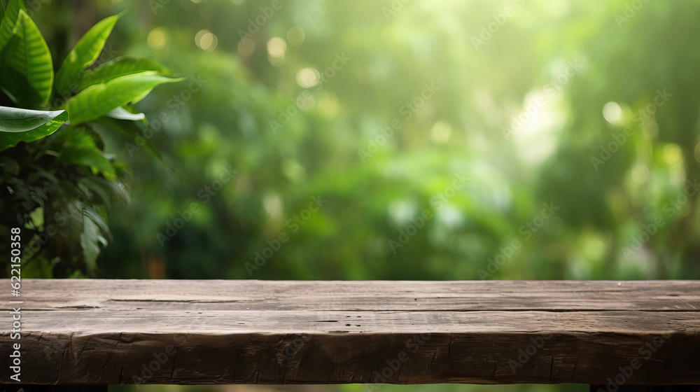 Empty wooden table with green background