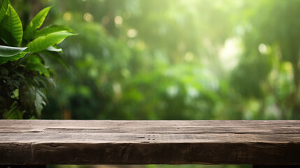 Empty wooden table with green background