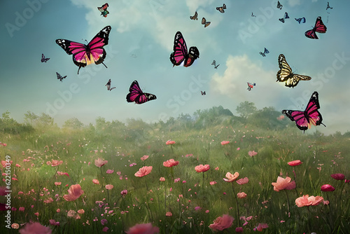 Butterflies flying happily in a field of flowers. Generative AI