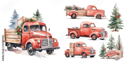 watercolor Christmas Red Truck clipart for graphic resources