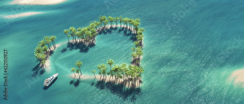 Heart-shaped tropical island in middle of the ocean and a boat going through. This is a 3d render illustration