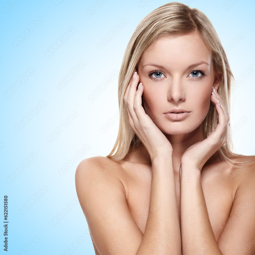 Portrait of beautiful female model on blue background Portrait of beautiful female model on blue background