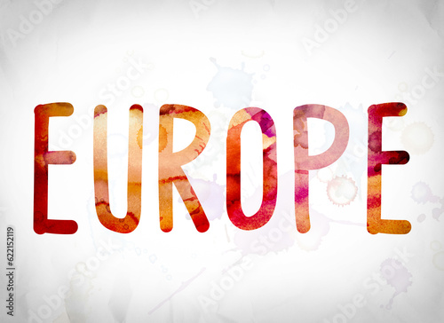 The word "Europe" written in watercolor washes over a white paper background concept and theme.